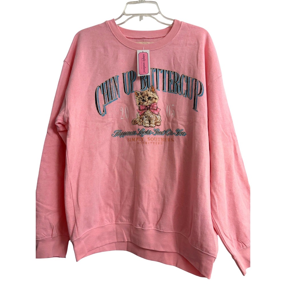 Simply Southern Sweatshirt M-L Pink Chin Up Buttercup Cat Graphic New Preppy